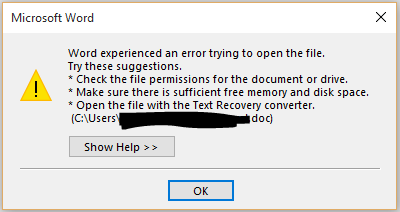 error-word experienced an error trying to open the file